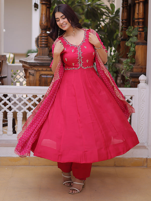 Pink Beads Embroidered work Mal Chanderi Gown With Dupatta