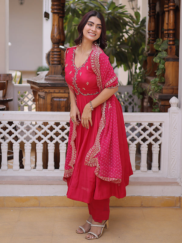 Pink Beads Embroidered work Mal Chanderi Gown With Dupatta