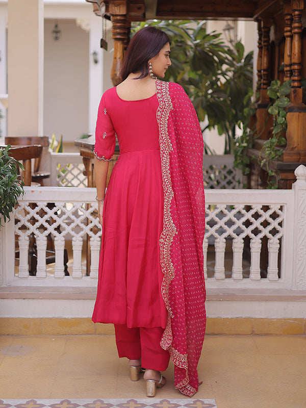 Pink Beads Embroidered work Mal Chanderi Gown With Dupatta
