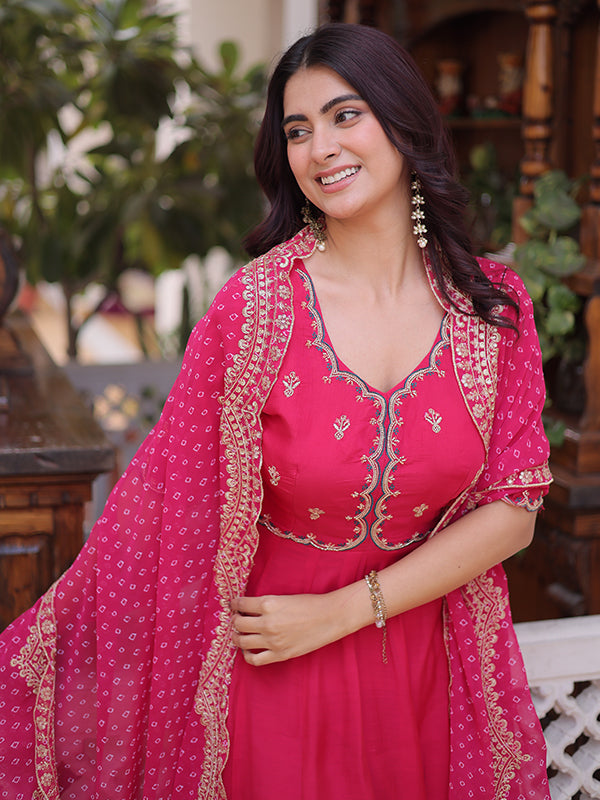 Pink Beads Embroidered work Mal Chanderi Gown With Dupatta