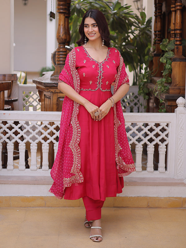 Pink Beads Embroidered work Mal Chanderi Gown With Dupatta