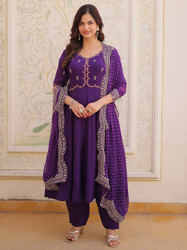 Purple Beads Embroidered work Mal Chanderi Gown With Dupatta