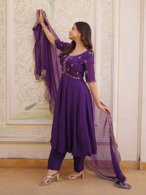 Purple Beads Embroidered work Mal Chanderi Gown With Dupatta