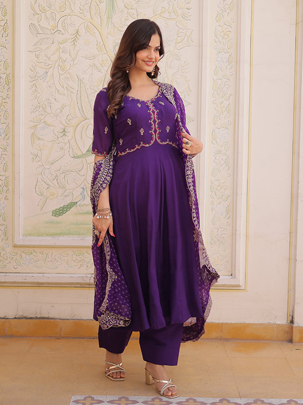 Purple Beads Embroidered work Mal Chanderi Gown With Dupatta