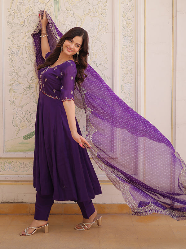 Purple Beads Embroidered work Mal Chanderi Gown With Dupatta