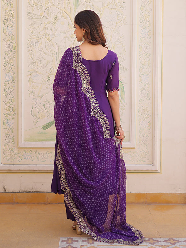 Purple Beads Embroidered work Mal Chanderi Gown With Dupatta