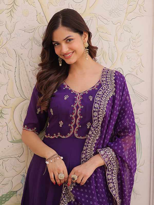 Purple Beads Embroidered work Mal Chanderi Gown With Dupatta