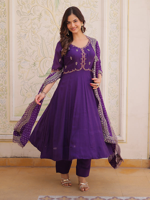 Purple Beads Embroidered work Mal Chanderi Gown With Dupatta