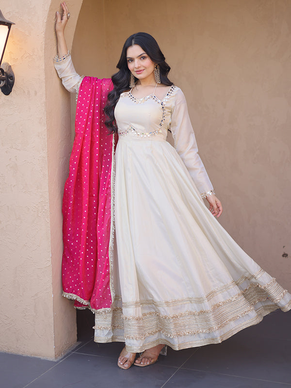 Off White Real Mirror Embroidered Work Cosmos Gown With Pink Dupatta