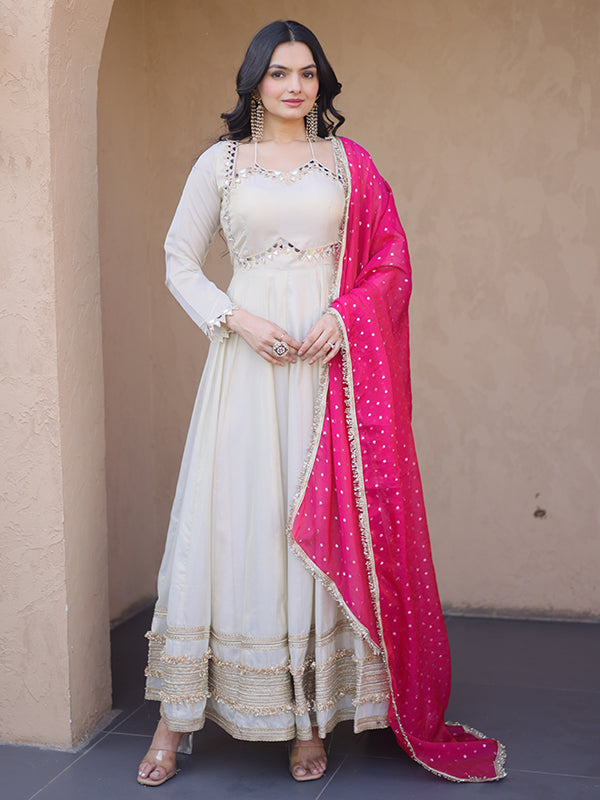 Off White Real Mirror Embroidered Work Cosmos Gown With Pink Dupatta