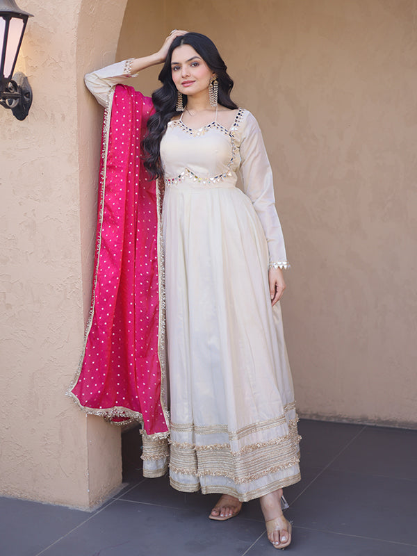 Off White Real Mirror Embroidered Work Cosmos Gown With Pink Dupatta