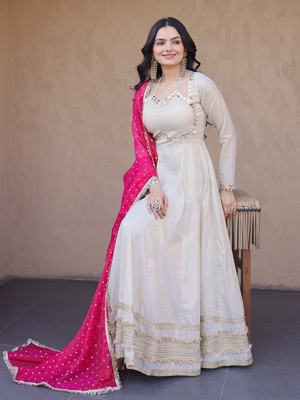 Off White Real Mirror Embroidered Work Cosmos Gown With Pink Dupatta