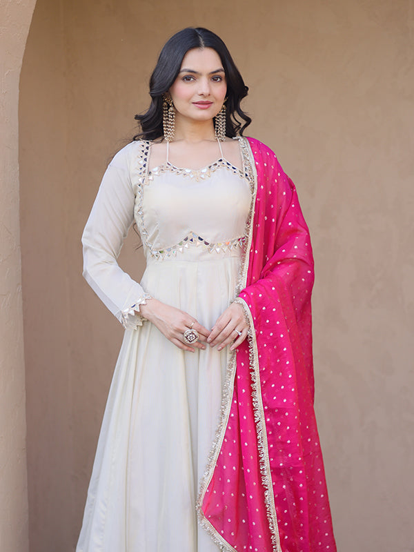 Off White Real Mirror Embroidered Work Cosmos Gown With Pink Dupatta