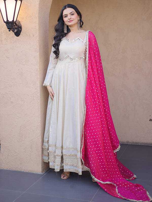 Off White Real Mirror Embroidered Work Cosmos Gown With Pink Dupatta