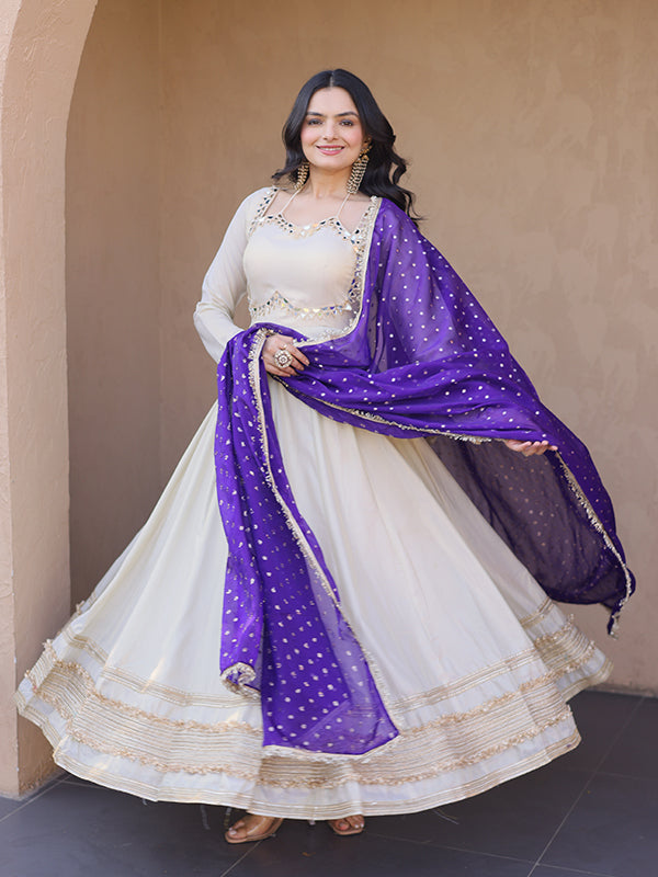 Off White Real Mirror Embroidered Work Cosmos Gown With Purple Dupatta