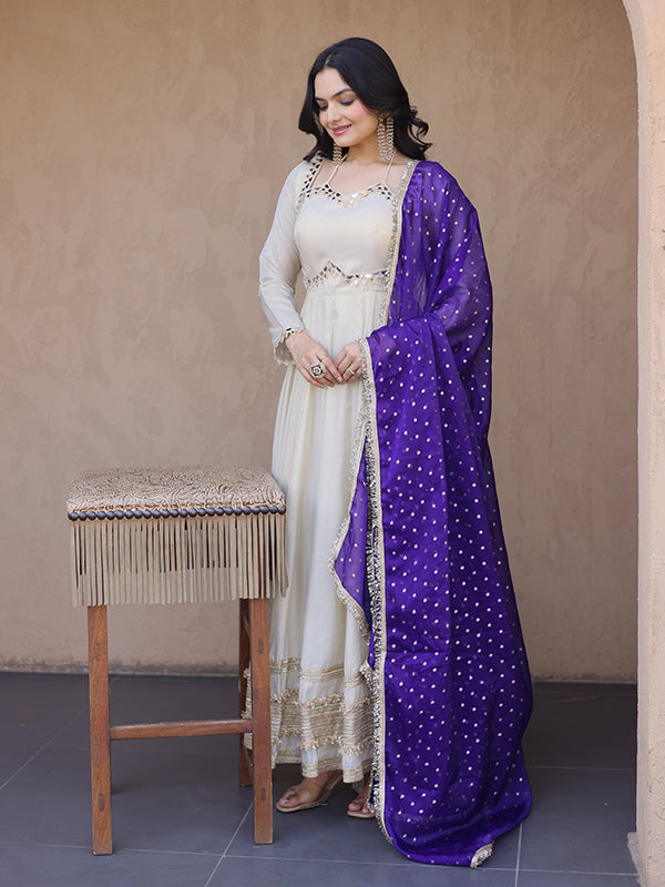 Off White Real Mirror Embroidered Work Cosmos Gown With Purple Dupatta