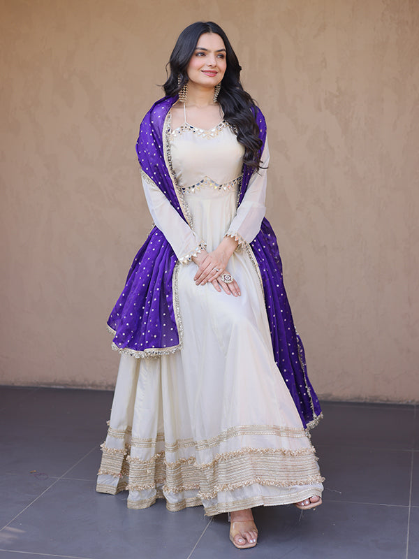 Off White Real Mirror Embroidered Work Cosmos Gown With Purple Dupatta