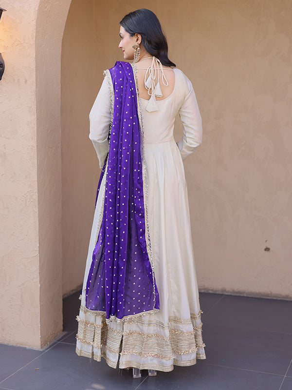 Off White Real Mirror Embroidered Work Cosmos Gown With Purple Dupatta
