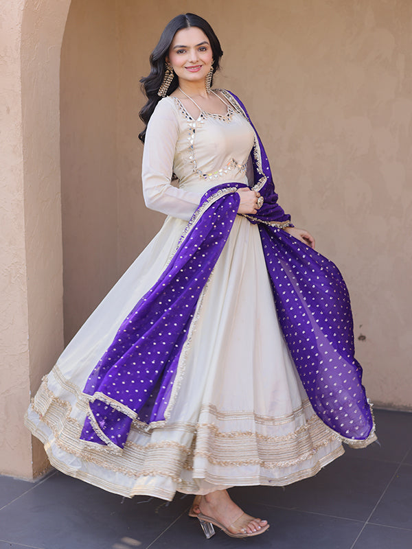 Off White Real Mirror Embroidered Work Cosmos Gown With Purple Dupatta