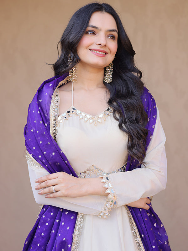 Off White Real Mirror Embroidered Work Cosmos Gown With Purple Dupatta