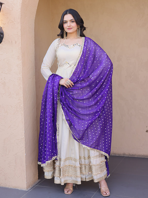 Off White Real Mirror Embroidered Work Cosmos Gown With Purple Dupatta