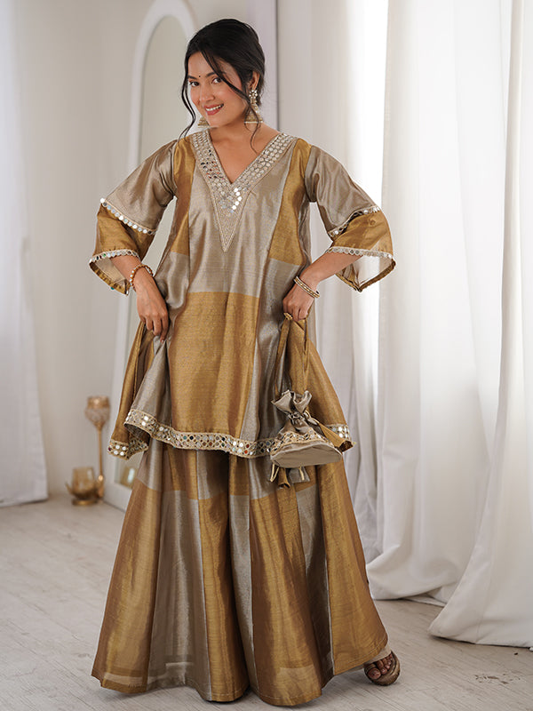 Gold Silver Embroidered Mirror Work Two Tone Tissue Top Palazzo With Batwa