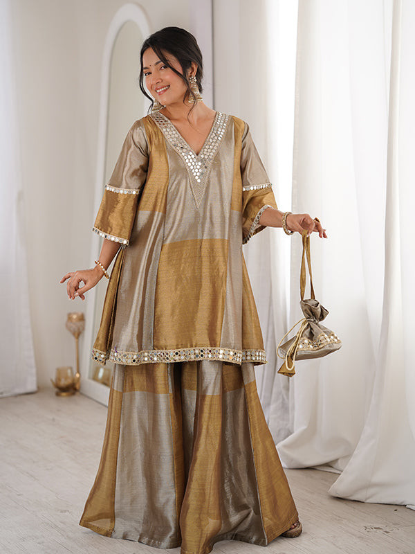 Gold Silver Embroidered Mirror Work Two Tone Tissue Top Palazzo With Batwa
