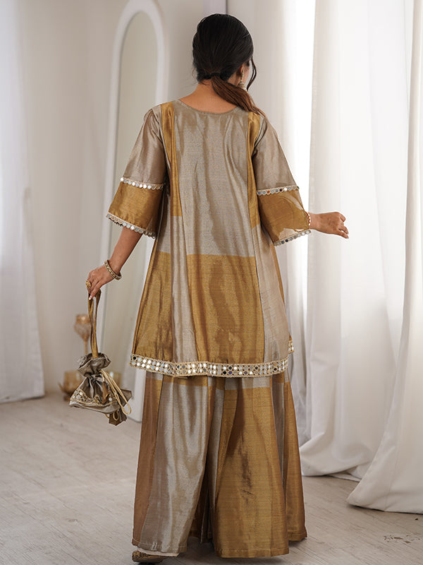 Gold Silver Embroidered Mirror Work Two Tone Tissue Top Palazzo With Batwa