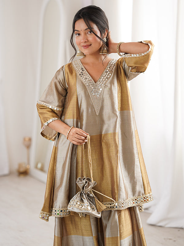 Gold Silver Embroidered Mirror Work Two Tone Tissue Top Palazzo With Batwa