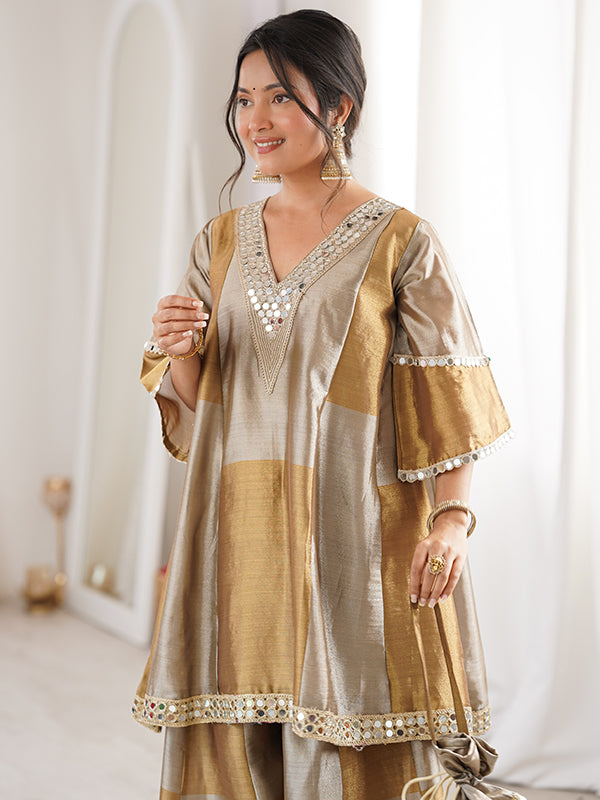 Gold Silver Embroidered Mirror Work Two Tone Tissue Top Palazzo With Batwa
