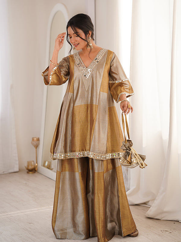 Gold Silver Embroidered Mirror Work Two Tone Tissue Top Palazzo With Batwa