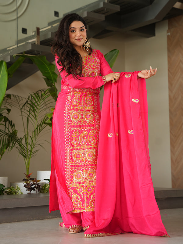 Pink Thread Embroidered Work Chinnon Silk Suit With Dupatta