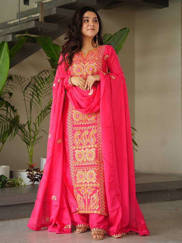 Pink Thread Embroidered Work Chinnon Silk Suit With Dupatta