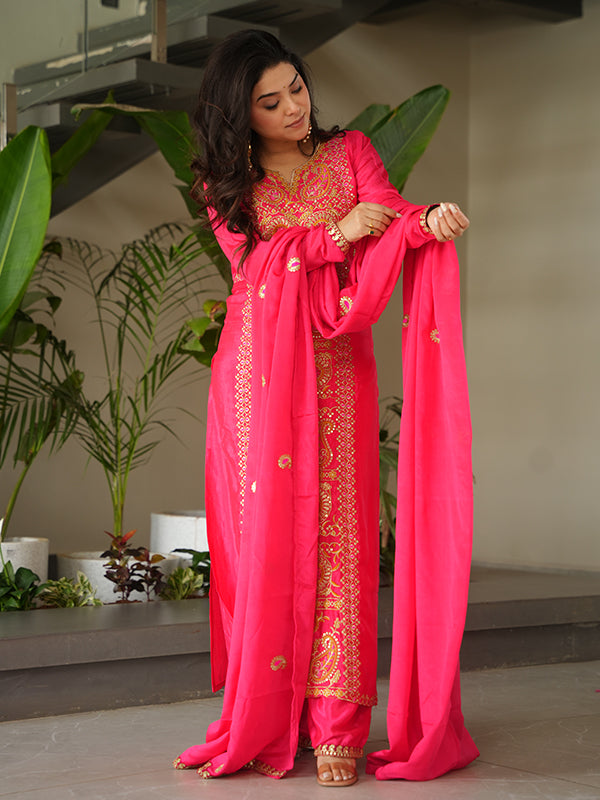 Pink Thread Embroidered Work Chinnon Silk Suit With Dupatta