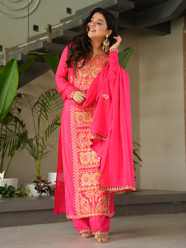 Pink Thread Embroidered Work Chinnon Silk Suit With Dupatta
