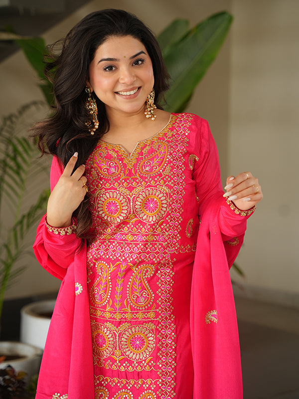Pink Thread Embroidered Work Chinnon Silk Suit With Dupatta