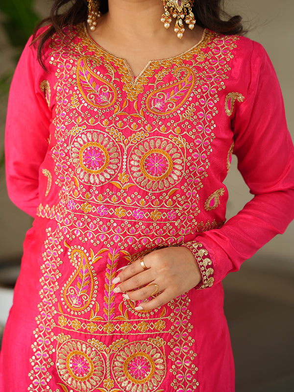 Pink Thread Embroidered Work Chinnon Silk Suit With Dupatta