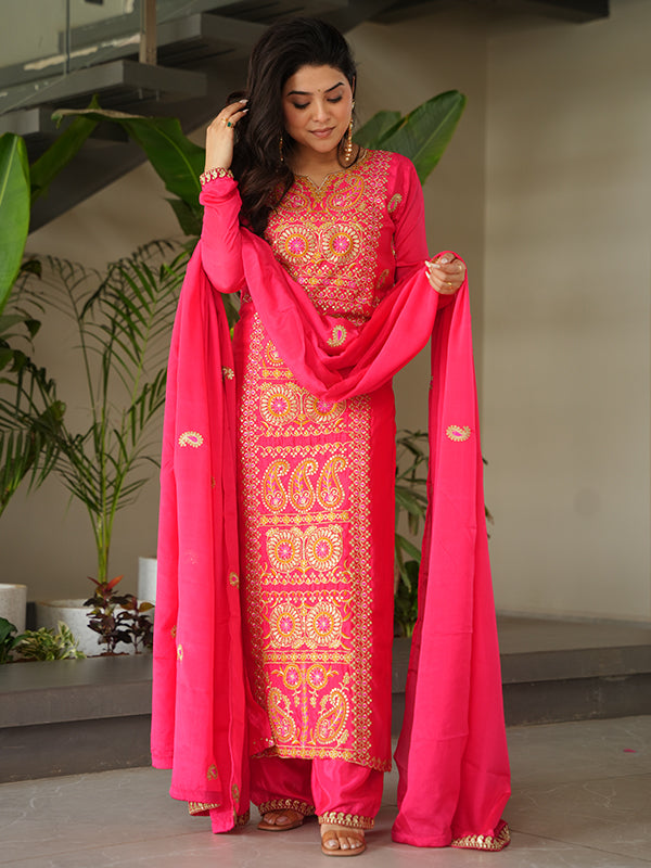 Pink Thread Embroidered Work Chinnon Silk Suit With Dupatta