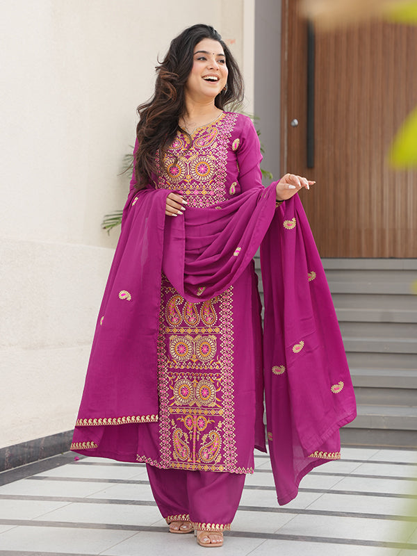 Magenta Thread Embroidered Work Chinnon Silk Suit With Dupatta