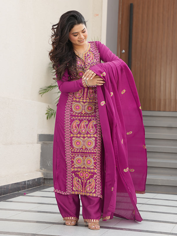 Magenta Thread Embroidered Work Chinnon Silk Suit With Dupatta
