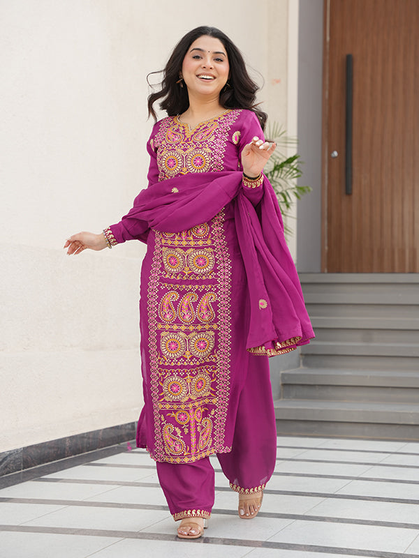Magenta Thread Embroidered Work Chinnon Silk Suit With Dupatta