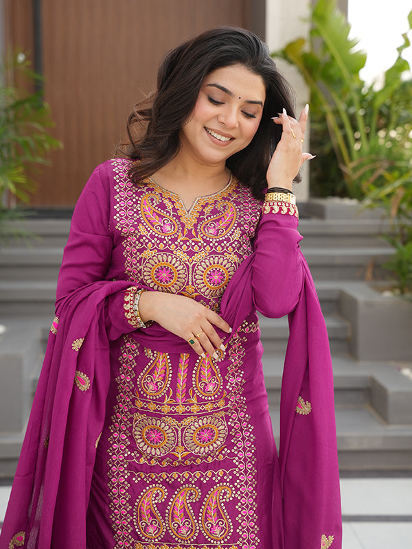 Magenta Thread Embroidered Work Chinnon Silk Suit With Dupatta