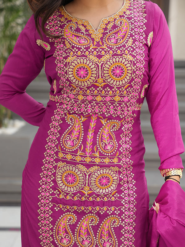 Magenta Thread Embroidered Work Chinnon Silk Suit With Dupatta
