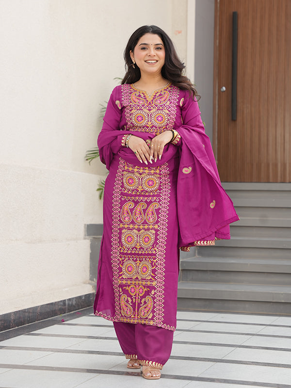 Magenta Thread Embroidered Work Chinnon Silk Suit With Dupatta