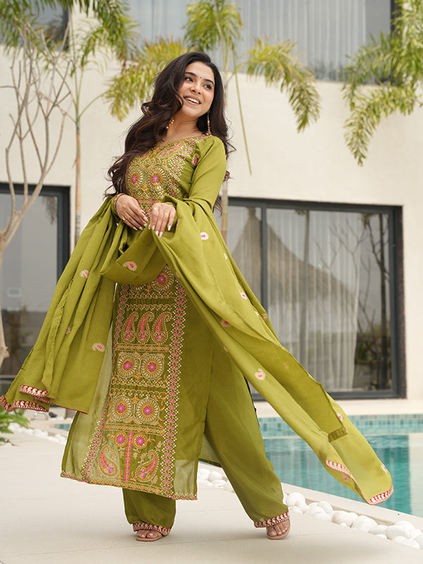 Mehndi Green Thread Embroidered Work Chinnon Silk Suit With Dupatta