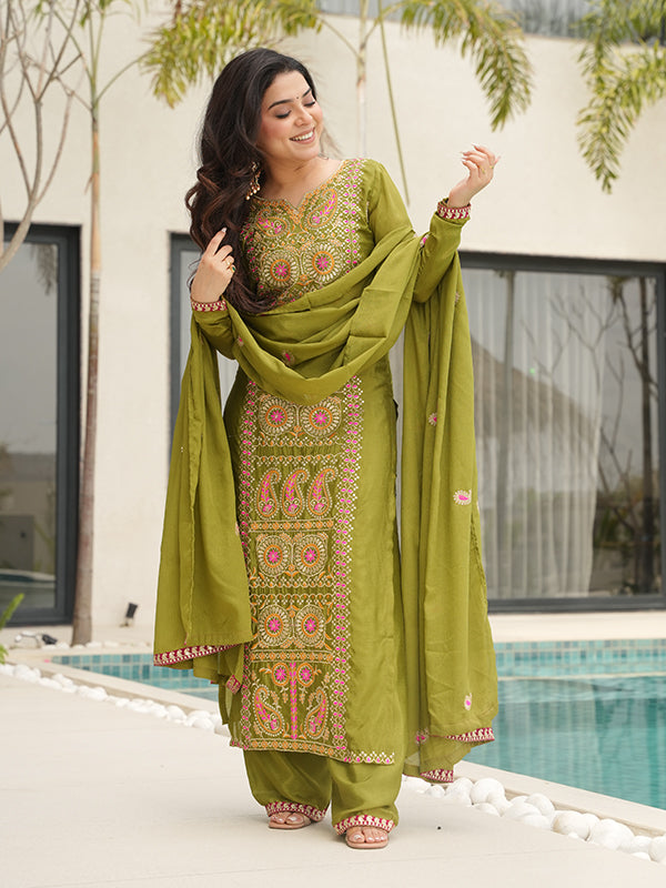Mehndi Green Thread Embroidered Work Chinnon Silk Suit With Dupatta