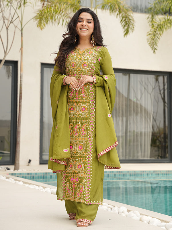Mehndi Green Thread Embroidered Work Chinnon Silk Suit With Dupatta