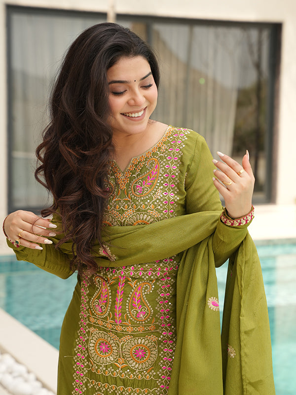 Mehndi Green Thread Embroidered Work Chinnon Silk Suit With Dupatta