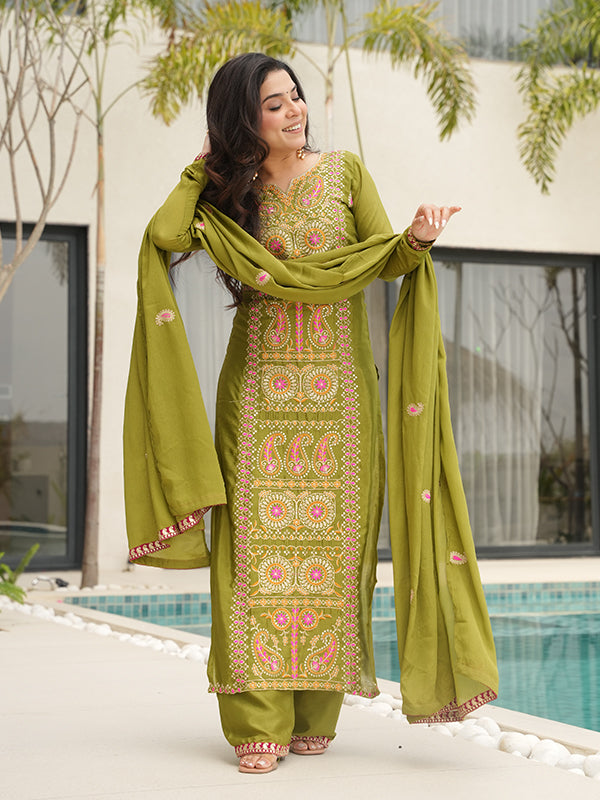 Mehndi Green Thread Embroidered Work Chinnon Silk Suit With Dupatta