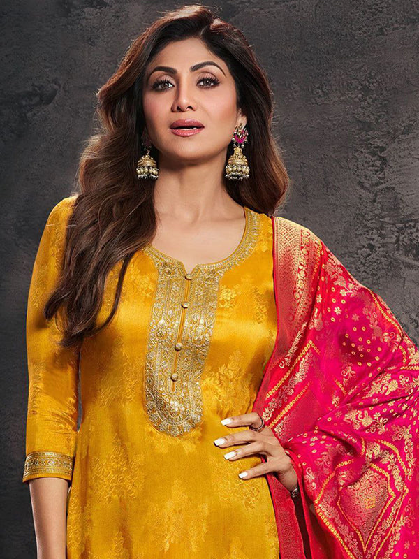 Yellow Jacquard Weaving Kurti Pant With Red Dupatta